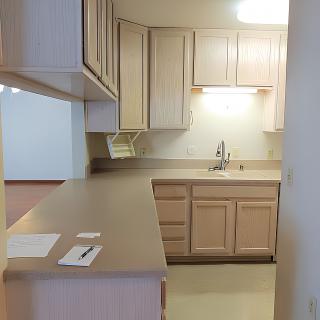 A compact kitchen with light wood cabinets and a spacious countertop.