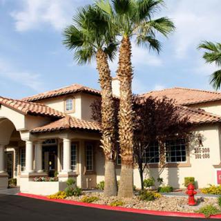A beautiful suburban house surrounded by palm trees and well-maintained landscaping.