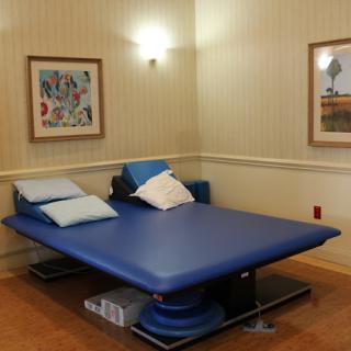 A therapy room with a blue physical therapy bed and framed artwork on the walls.