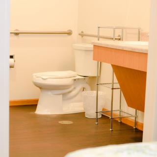 An accessible bathroom featuring a toilet with handrails and a sink.