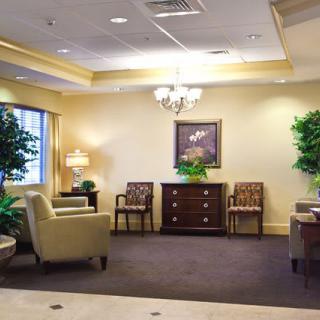 A spacious and well-decorated waiting room with comfortable seating and lush greenery.