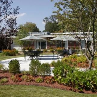 A beautifully landscaped garden with a patio set and lush greenery surrounding a modern home.
