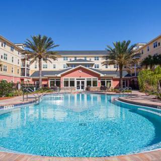 A luxurious resort with a pristine swimming pool surrounded by palm trees.