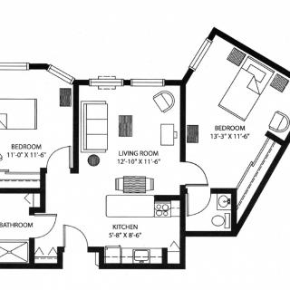 A detailed floor plan of a two-bedroom apartment showing the layout of rooms and furniture.