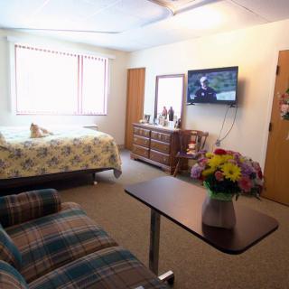 A cozy bedroom with a bed, TV, and a vase of flowers on the table.