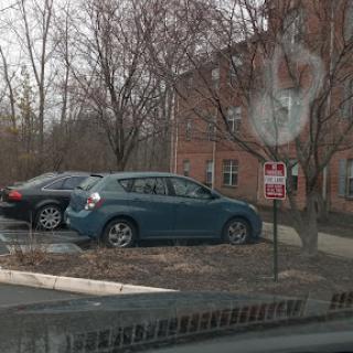 A view of a parking lot with parked cars and trees in the background.