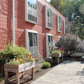 A vibrant apartment building with potted plants and greenery in the foreground.