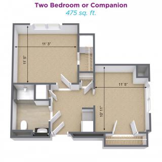 Floor plan of a 475 sq. ft. two-bedroom apartment.
