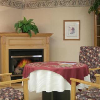 A cozy living room with a fireplace, decorated with a plant and artwork, featuring a table and two chairs.