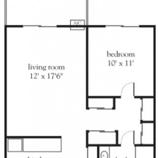 A simple floor plan showing a one-bedroom apartment layout with designated living room and bedroom spaces.