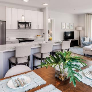 A modern open-concept kitchen and dining area with stylish decor.