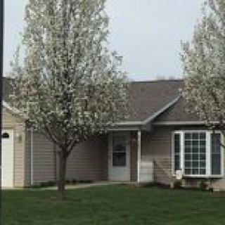 A suburban house with a well-maintained yard and blooming trees.