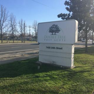 A street sign with a tree logo in a grassy area alongside a road.