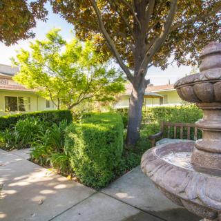 A serene outdoor garden with a stone fountain, surrounded by lush greenery and hedges under the sunlight.