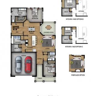 A detailed floor plan of a house with multiple rooms, including a garage, kitchen, living room, bedrooms, and bathrooms.