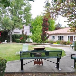 A peaceful garden setting with benches, surrounded by lush greenery and a winding walkway.