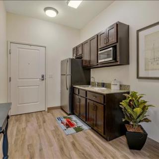 A compact kitchenette with modern cabinetry, featuring a microwave and fridge, complemented by wooden flooring and decorative plant accents.