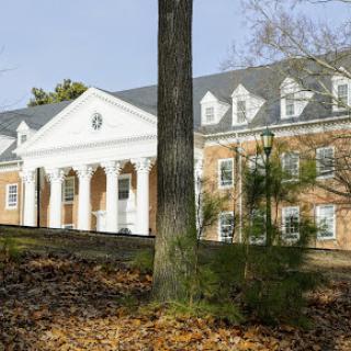 A charming residential building surrounded by trees and autumn leaves.