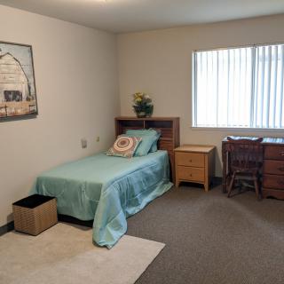 A minimalist bedroom featuring a single bed, a desk with a chair, and a window letting in natural light.