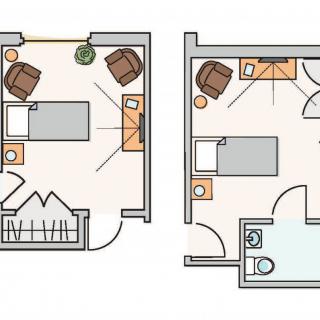 A floor plan showing the layout and furniture arrangement of two different rooms.