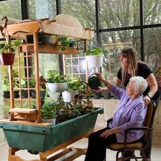 A caregiver assists an elderly person with indoor gardening, showcasing a nurturing and engaging activity.