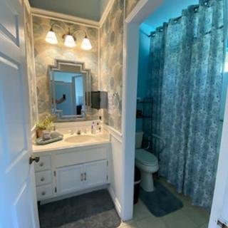 A cozy bathroom featuring a vanity with a mirror, decorative lighting, and a patterned shower curtain.