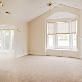 Spacious living room with large windows and a ceiling fan, featuring a carpeted floor and abundant natural light.