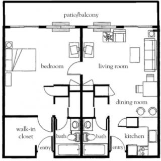 A detailed floor plan of an apartment showing various rooms and spaces, including a bedroom, living room, kitchen, dining room, bathroom, walk-in closet, and patio/balcony.