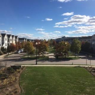 A scenic view of a park surrounded by buildings and trees under a blue sky with clouds.