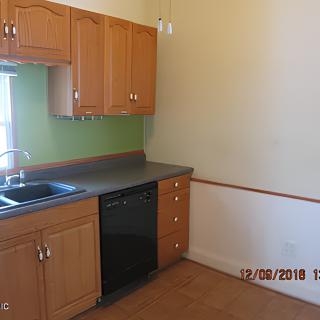 An empty kitchen with wooden cabinets, a sink, and a dishwasher.
