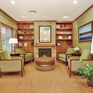 A cozy living room with a fireplace, bookshelves, and comfortable seating.