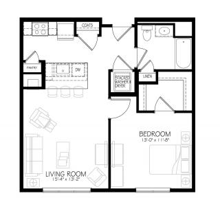 A one-bedroom apartment floor plan featuring a living room, kitchen, and bathroom.
