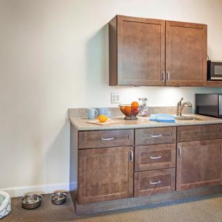 A modern kitchen with wooden cabinets, a countertop featuring a fruit bowl and microwave, and a set of pet bowls on the floor.