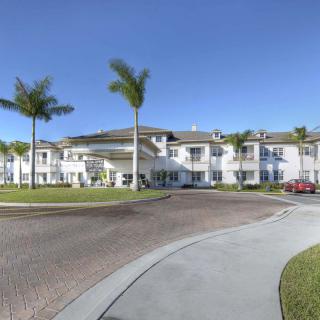 A sunny view of a large white building surrounded by palm trees and a paved road.