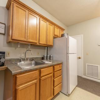 A compact kitchen featuring wooden cabinets, a refrigerator, and a sink.