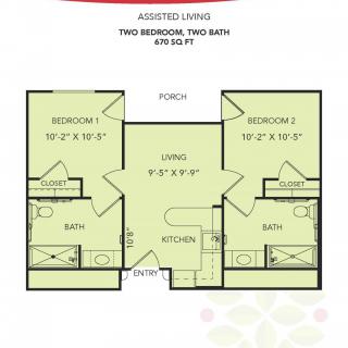 Diagram of a two-bedroom, two-bathroom apartment layout with a central living room and kitchen.