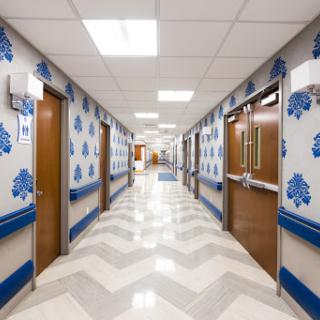 A well-lit hospital hallway featuring decorative blue wallpaper and patterned flooring.