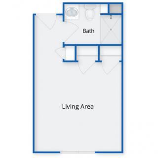 Floor plan of a studio apartment with a living area and bathroom.