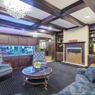 Elegant living room with a chandelier, aquarium, and fireplace.