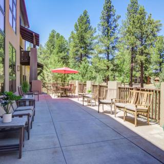 A spacious outdoor patio deck with chairs and a red umbrella, surrounded by tall trees on a sunny day.