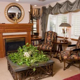 A cozy living room featuring a fireplace, armchairs, and a decorative plant centerpiece.