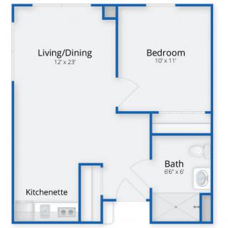 A simple floor plan of a one-bedroom apartment featuring a living/dining area, kitchenette, bedroom, and bathroom.