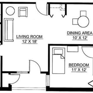 A floor plan showing an apartment layout with a living room, dining area, and bedroom.