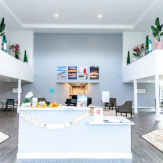 A modern reception area with a welcoming desk, seating, and plants under bright lighting.
