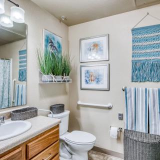A well-decorated bathroom featuring wall art, plants, and neatly arranged towels.