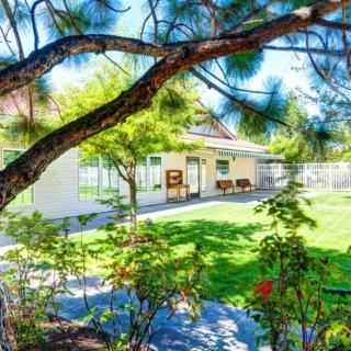 A serene house surrounded by a lush garden and vibrant greenery under bright sunlight.