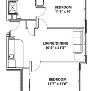 Floor plan of an apartment with two bedrooms and a combined living/dining space.
