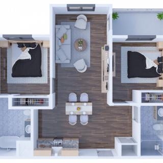 A modern two-bedroom apartment floor plan with a central living area, kitchen, and dining space.