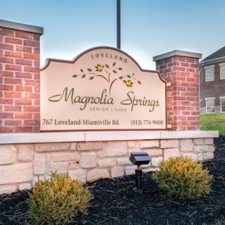 Entrance sign for Magnolia Springs community with a brick and stone structure.
