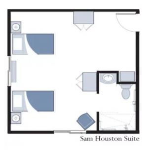 Floor plan of the Sam Houston Suite showing a room layout with two beds and a bathroom.